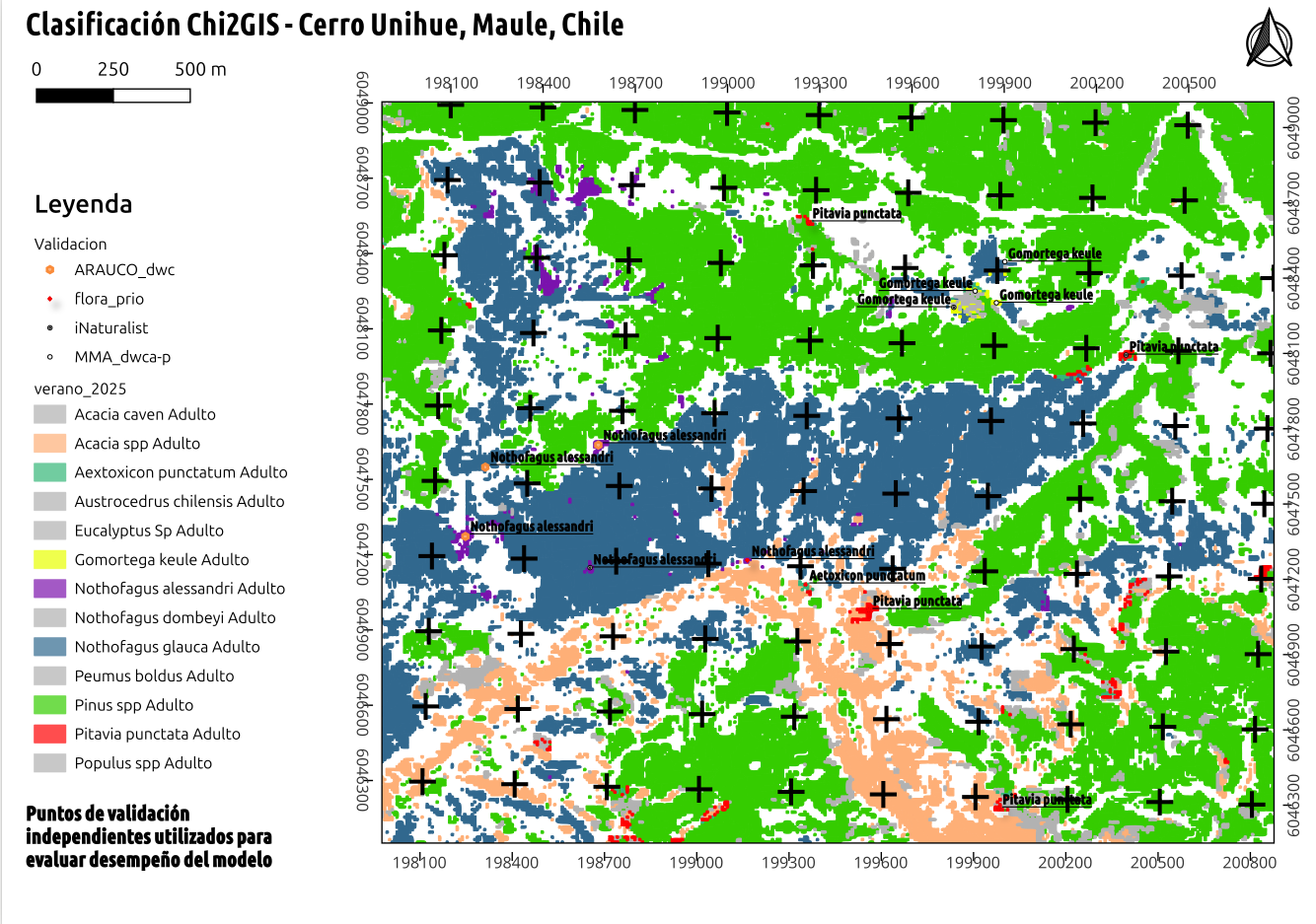 Mapa de clasificación vascular multitemporal 1 en Cerro Unihue, Región del Maule, Chile